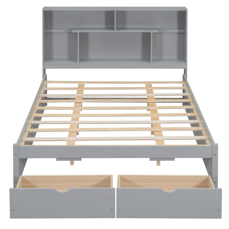 Lit plateforme Queen Size avec tête de lit de rangement et 2 tiroirs-8