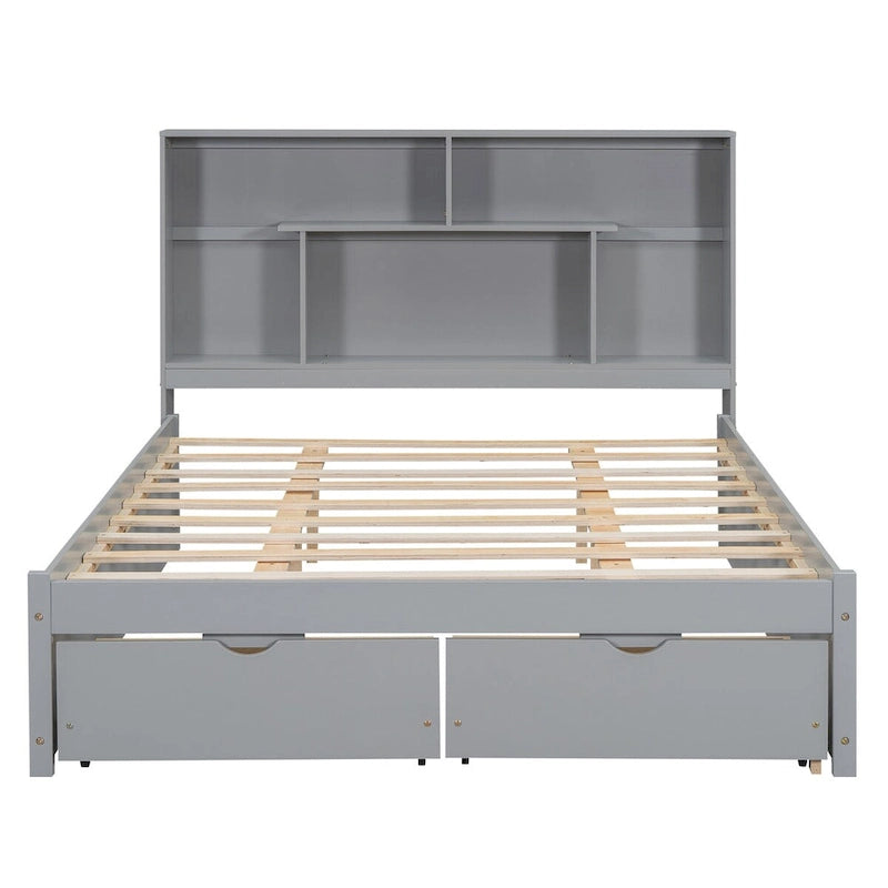 Lit plateforme Queen Size avec tête de lit de rangement et 2 tiroirs-10