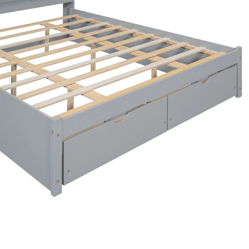 Lit plateforme Queen Size avec tête de lit de rangement et 2 tiroirs-12
