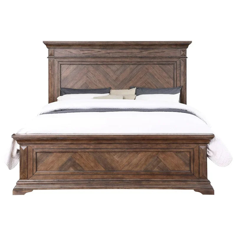 Lit Marv Queen Size, motif parquet, style traditionnel, bois brun brossé-2