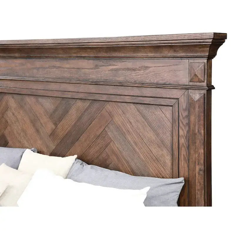 Lit Marv Queen Size, motif parquet, style traditionnel, bois brun brossé-3