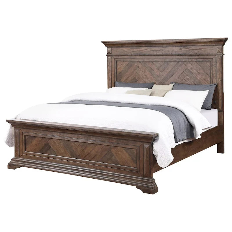Lit Marv Queen Size, motif parquet, style traditionnel, bois brun brossé-4