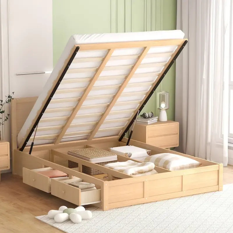 Wood Platform Bed with Underneath Storage and 2 Drawers