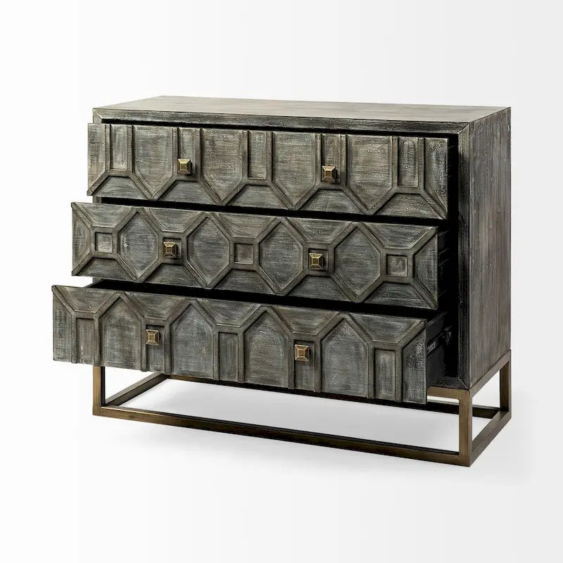 Meuble d'appoint Genevieve I en placage de sapin gris avec structure en fer et 3 tiroirs - 39,0 L x 15,7 l x 30,9 H-5