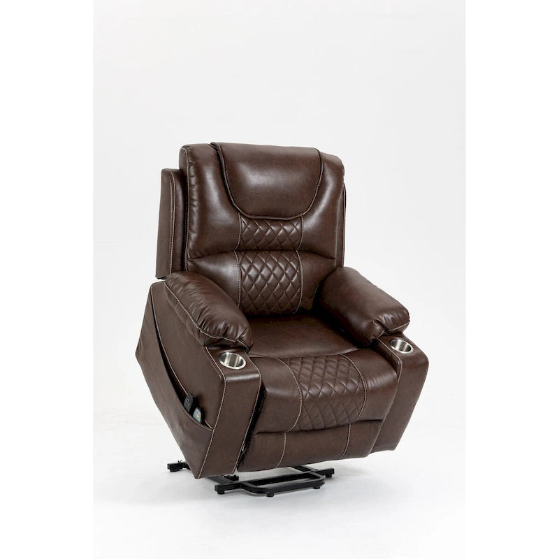 Fauteuil inclinable électrique en cuir marron, massage multifonction, chauffage, porte-gobelets-9