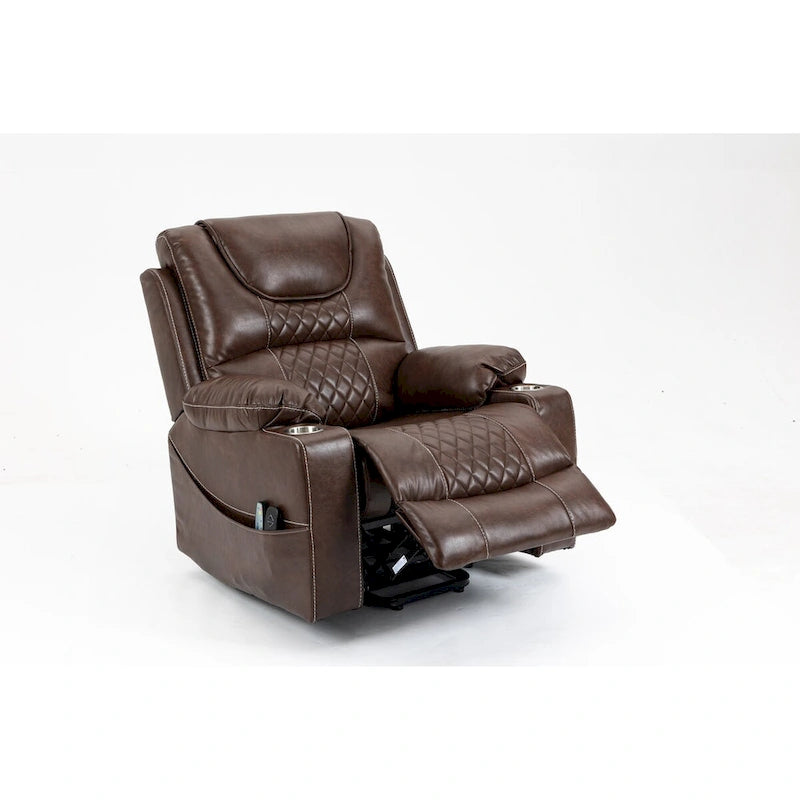 Fauteuil inclinable électrique en cuir marron, massage multifonction, chauffage, porte-gobelets