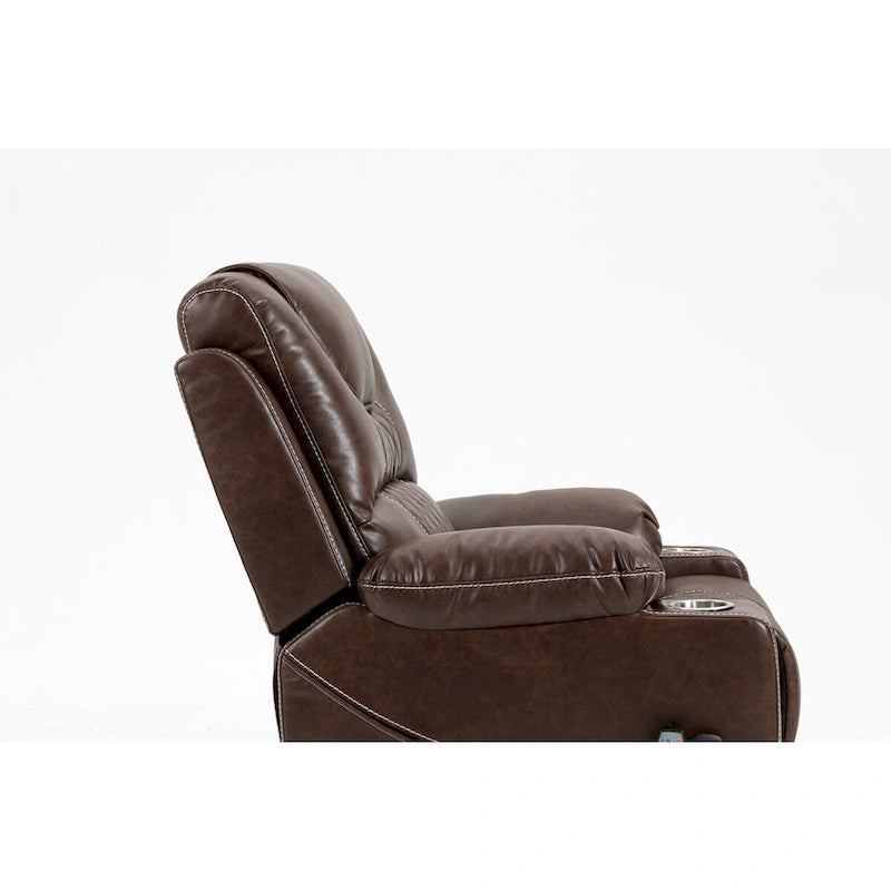 Fauteuil inclinable électrique en cuir marron, massage multifonction, chauffage, porte-gobelets-3