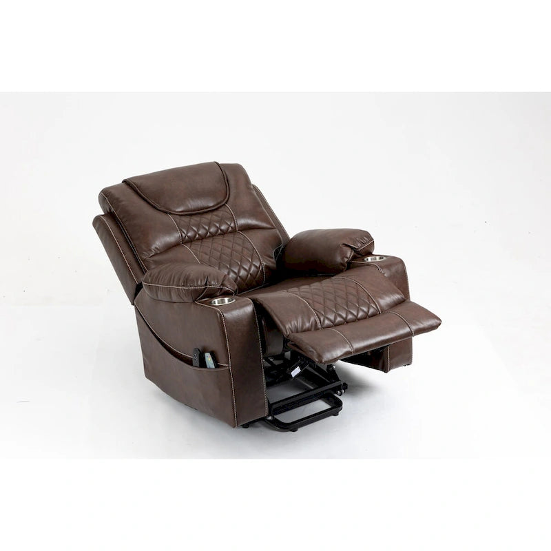 Fauteuil inclinable électrique en cuir marron, massage multifonction, chauffage, porte-gobelets-4