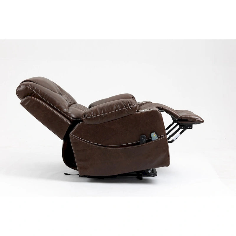 Fauteuil inclinable électrique en cuir marron, massage multifonction, chauffage, porte-gobelets-5
