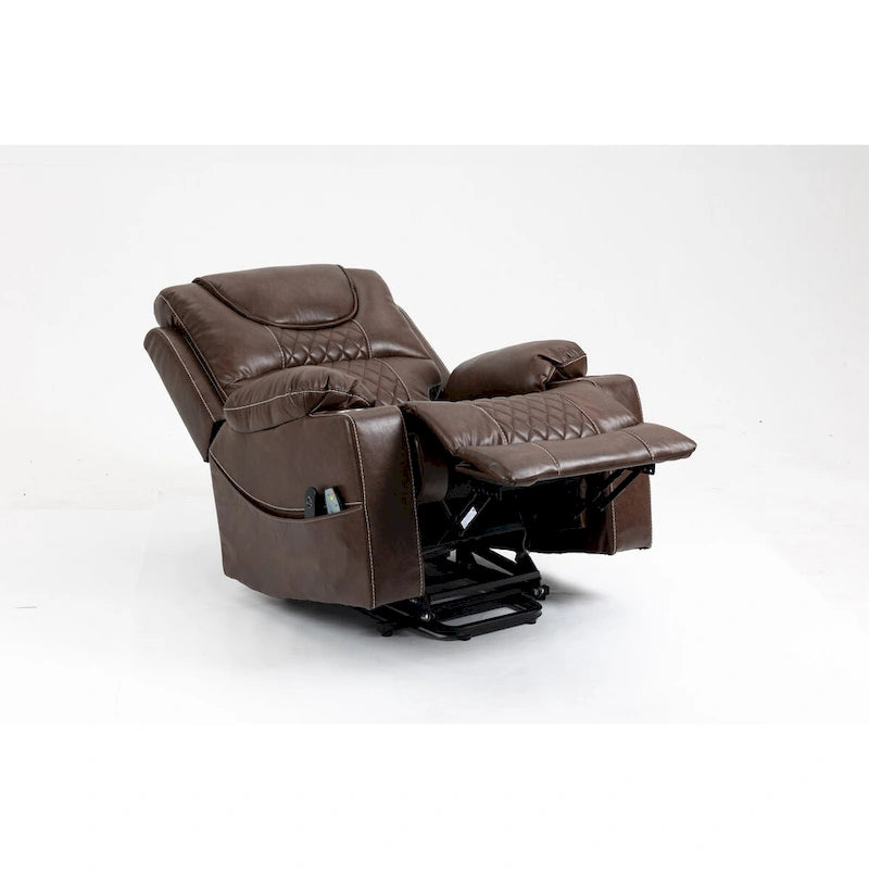 Fauteuil inclinable électrique en cuir marron, massage multifonction, chauffage, porte-gobelets-6