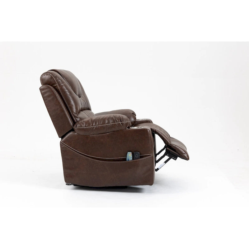 Fauteuil inclinable électrique en cuir marron, massage multifonction, chauffage, porte-gobelets-7