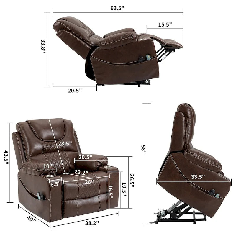 Fauteuil inclinable électrique en cuir marron, massage multifonction, chauffage, porte-gobelets-8