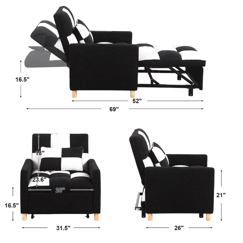 Fauteuil-lit convertible 3 en 1, canapé simple (noir et blanc)-4