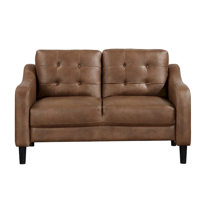 Canapé deux places Orry de 140 cm, dossier capitonné, microfibre marron, bois massif noir