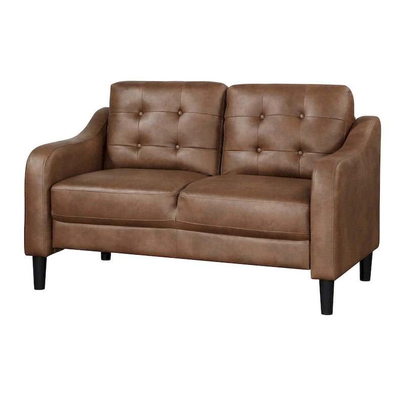Canapé deux places Orry de 140 cm, dossier capitonné, microfibre marron, bois massif noir-3