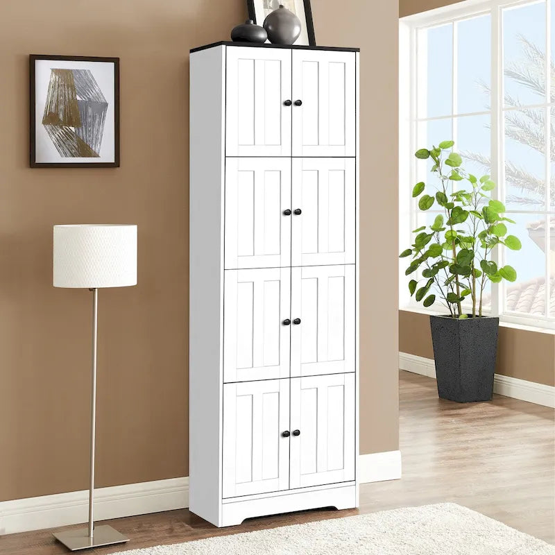 Armoire de rangement haute à 8 portes et 4 étagères, meuble de rangement mural pour salon, cuisine, bureau, chambre, salle de bain-19