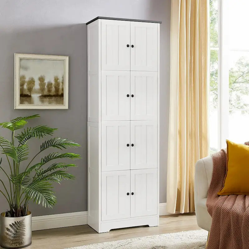 Armoire de rangement haute à 8 portes et 4 étagères, meuble de rangement mural pour salon, cuisine, bureau, chambre, salle de bain-14
