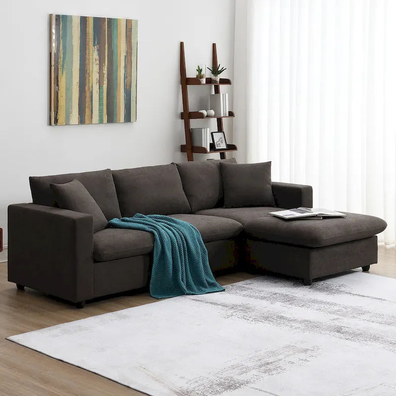 Canapé d'angle moderne 4 places en forme de L, avec 2 coussins offerts et pouf convertible