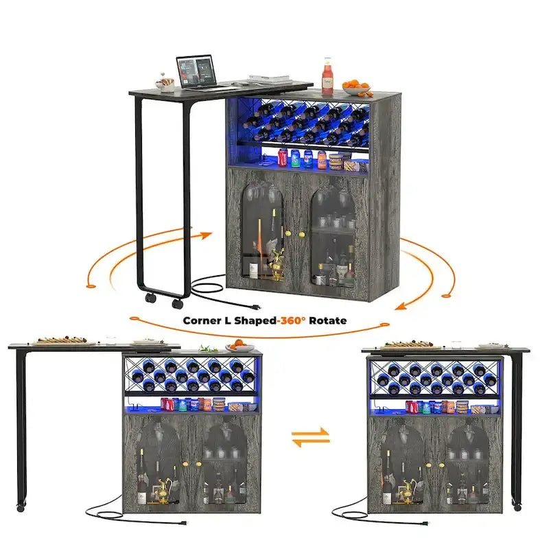 Îlot de cuisine pliable avec placard, table de comptoir avec station de recharge-2