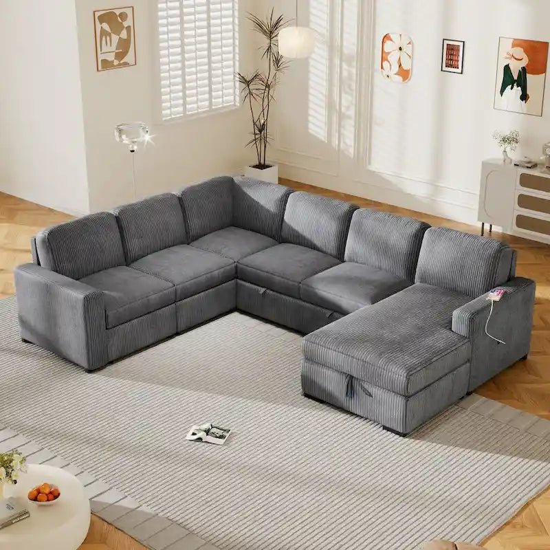 U-shaped Combination 6-Seat Corner Sofa with Storage Lounge Chair and USB Interfaces