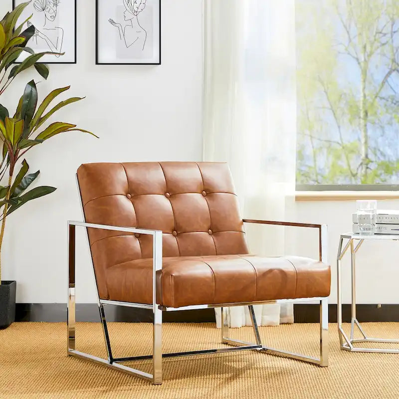 Fauteuil d'appoint Glitzhome 30,50H couleur crème, style milieu du siècle, en similicuir capitonné et structure chromée.-21