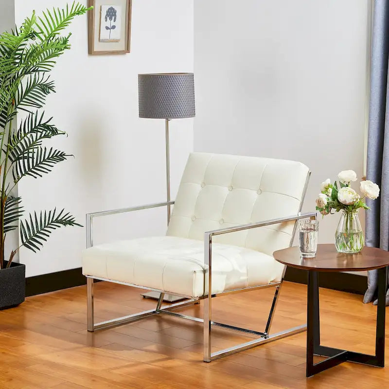 Fauteuil d'appoint Glitzhome 30,50H couleur crème, style milieu du siècle, en similicuir capitonné et structure chromée.-2