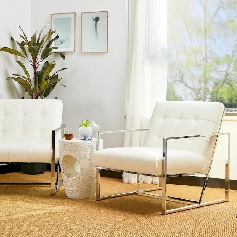 Fauteuil d'appoint Glitzhome 30,50H couleur crème, style milieu du siècle, en similicuir capitonné et structure chromée.-3