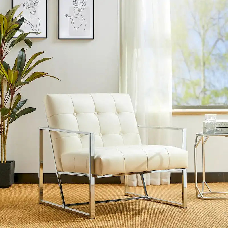 Fauteuil d'appoint Glitzhome 30,50H couleur crème, style milieu du siècle, en similicuir capitonné et structure chromée.-4