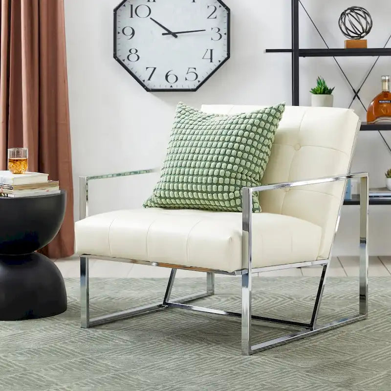 Fauteuil d'appoint Glitzhome 30,50H couleur crème, style milieu du siècle, en similicuir capitonné et structure chromée.-5