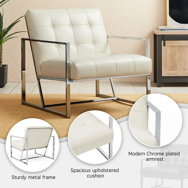 Fauteuil d'appoint Glitzhome 30,50H couleur crème, style milieu du siècle, en similicuir capitonné et structure chromée.-6