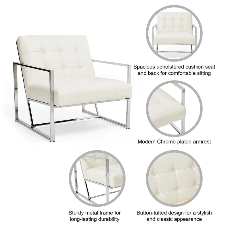 Fauteuil d'appoint Glitzhome 30,50H couleur crème, style milieu du siècle, en similicuir capitonné et structure chromée.-7