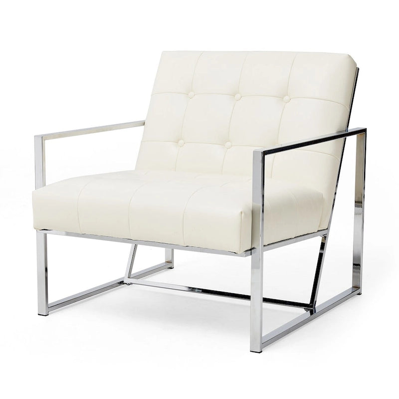 Fauteuil d'appoint Glitzhome 30,50H couleur crème, style milieu du siècle, en similicuir capitonné et structure chromée.-9