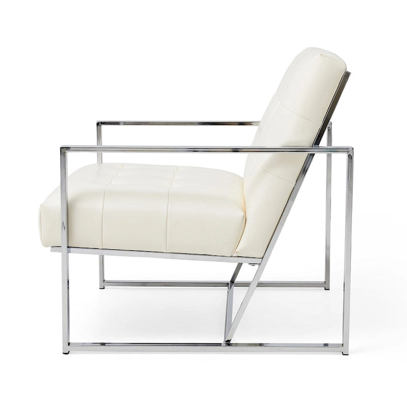 Fauteuil d'appoint Glitzhome 30,50H couleur crème, style milieu du siècle, en similicuir capitonné et structure chromée.-10