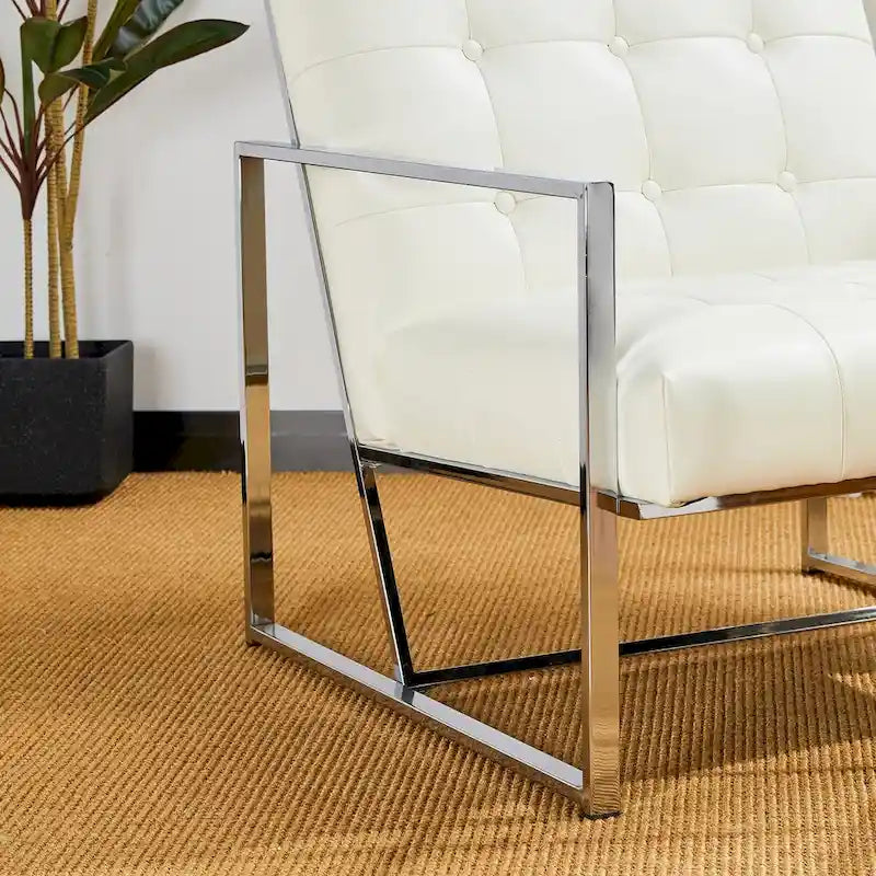 Fauteuil d'appoint Glitzhome 30,50H couleur crème, style milieu du siècle, en similicuir capitonné et structure chromée.-12