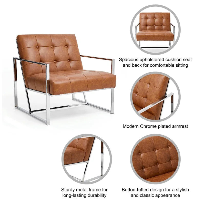 Fauteuil d'appoint Glitzhome 30,50H couleur crème, style milieu du siècle, en similicuir capitonné et structure chromée.-15