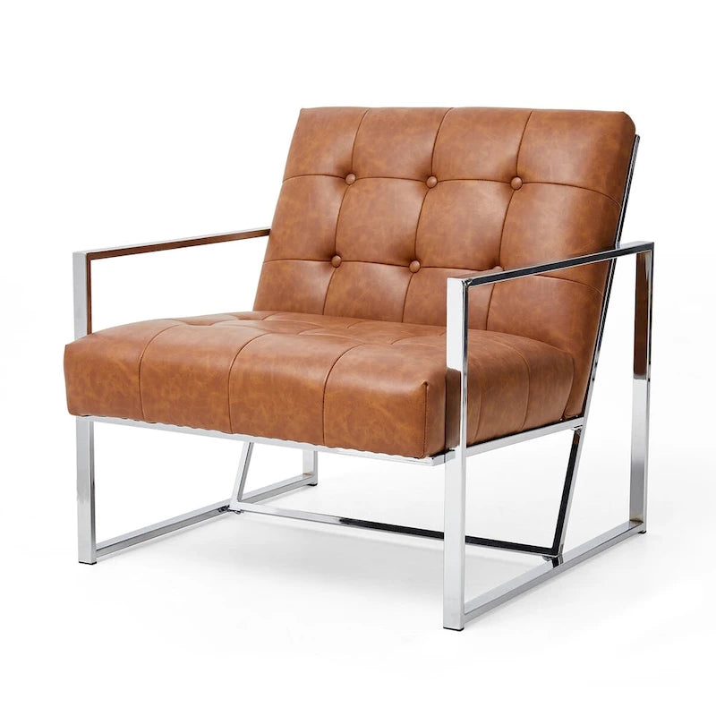 Fauteuil d'appoint Glitzhome 30,50H couleur crème, style milieu du siècle, en similicuir capitonné et structure chromée.-16