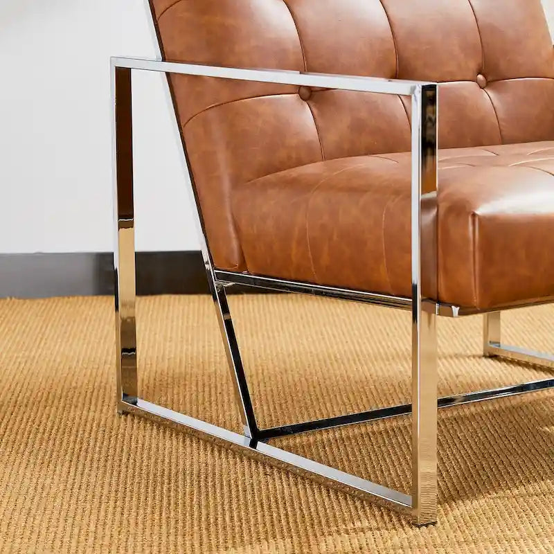 Fauteuil d'appoint Glitzhome 30,50H couleur crème, style milieu du siècle, en similicuir capitonné et structure chromée.-17