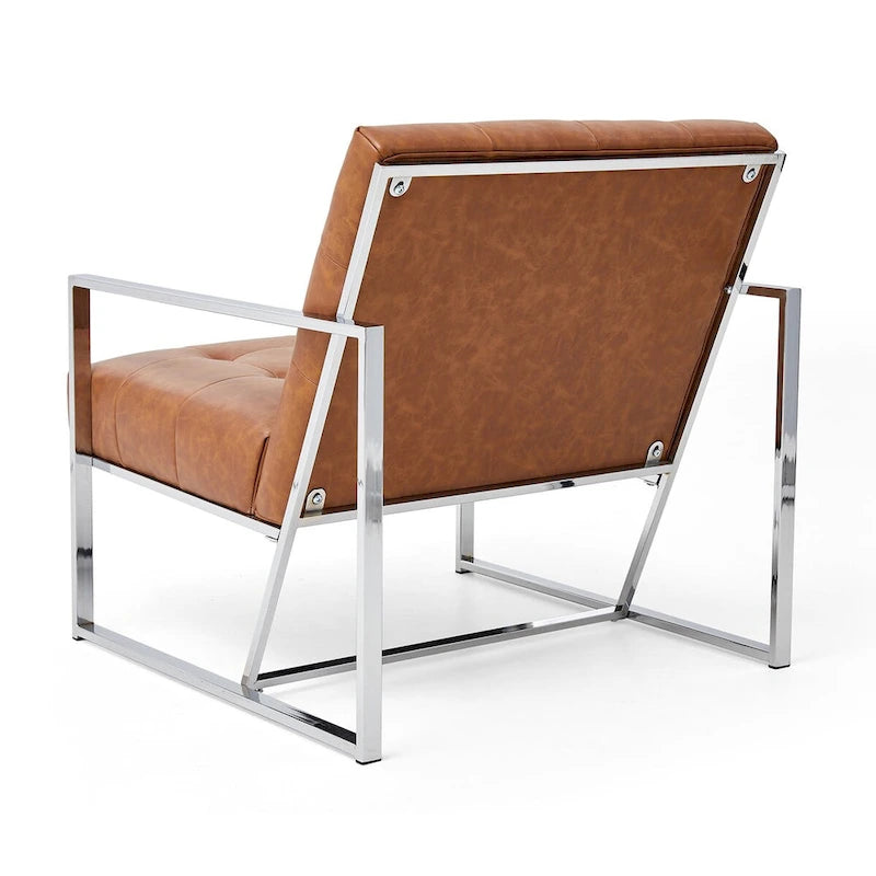 Fauteuil d'appoint Glitzhome 30,50H couleur crème, style milieu du siècle, en similicuir capitonné et structure chromée.-19