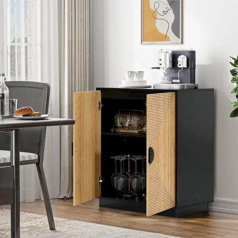 Meuble d'appoint noir moderne bohème à 2 portes avec lattes de bambou - 86 cm (H) x 80 cm (L) x 40 cm (P)