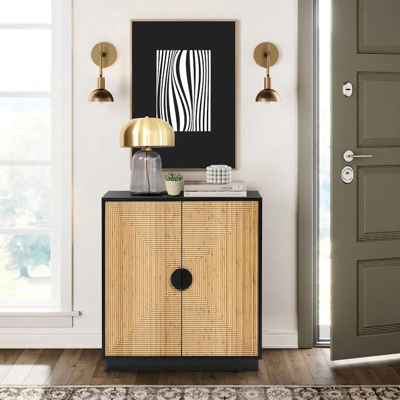 Meuble d'appoint noir moderne bohème à 2 portes avec lattes de bambou - 86 cm (H) x 80 cm (L) x 40 cm (P)-3