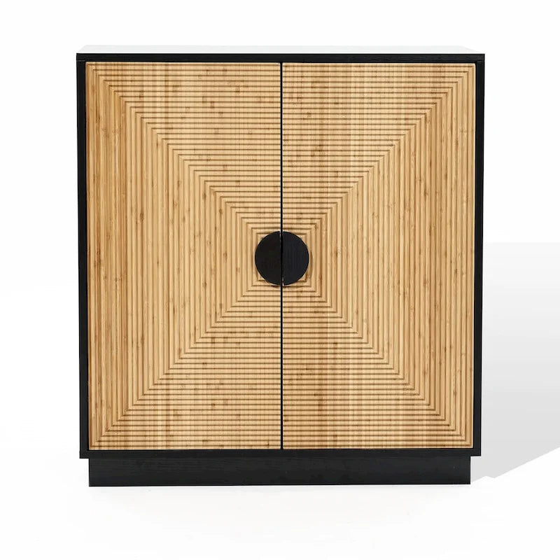 Meuble d'appoint noir moderne bohème à 2 portes avec lattes de bambou - 86 cm (H) x 80 cm (L) x 40 cm (P)-4