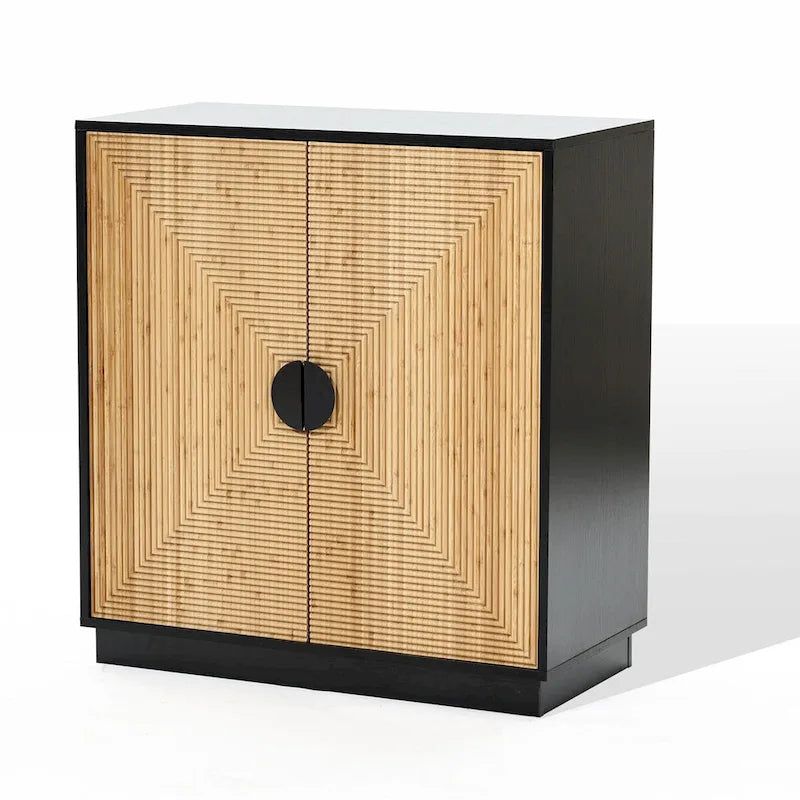 Meuble d'appoint noir moderne bohème à 2 portes avec lattes de bambou - 86 cm (H) x 80 cm (L) x 40 cm (P)-6