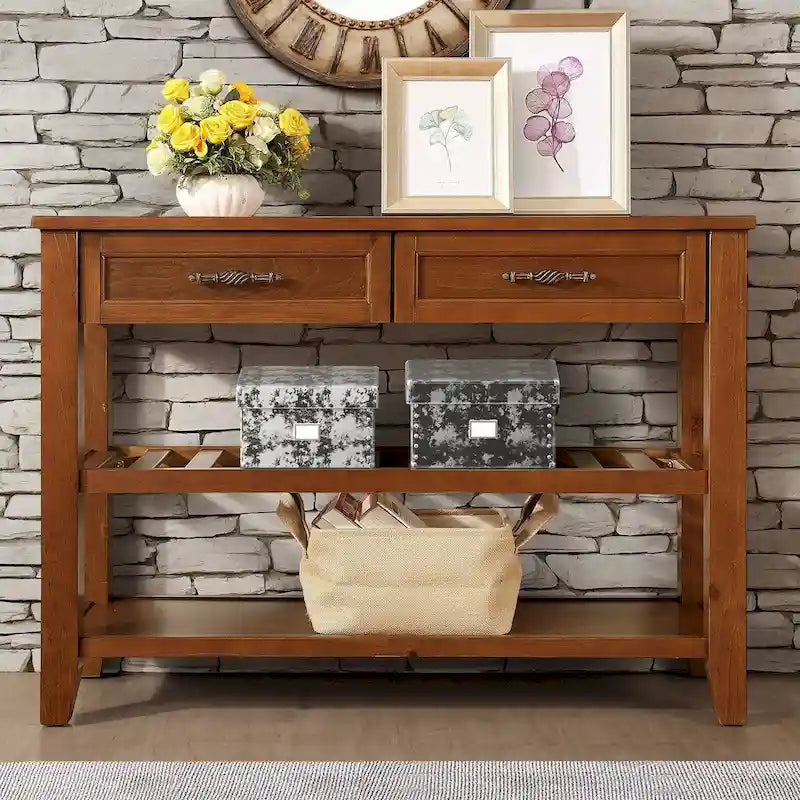 Console/table basse avec 2 tiroirs de rangement et 2 étagères, style milieu du siècle, buffet en bois massif de 42 pouces.-15
