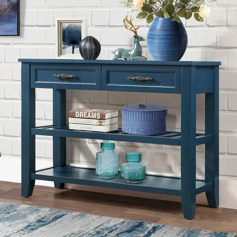 Console/table basse avec 2 tiroirs de rangement et 2 étagères, style milieu du siècle, buffet en bois massif de 42 pouces.-2