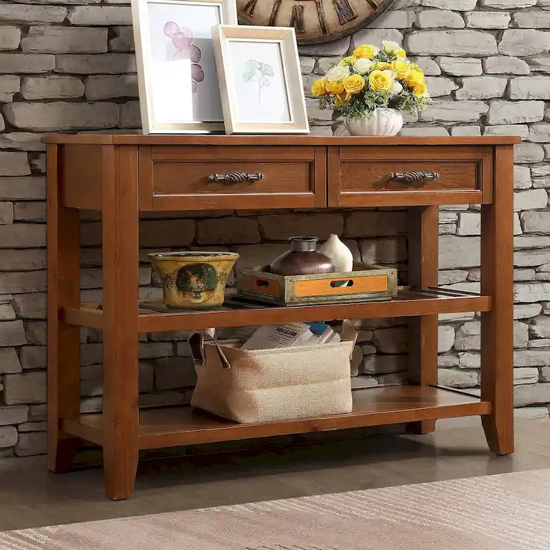 Console/table basse avec 2 tiroirs de rangement et 2 étagères, style milieu du siècle, buffet en bois massif de 42 pouces.-3