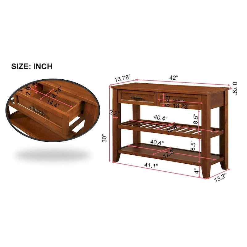 Console/table basse avec 2 tiroirs de rangement et 2 étagères, style milieu du siècle, buffet en bois massif de 42 pouces.-6