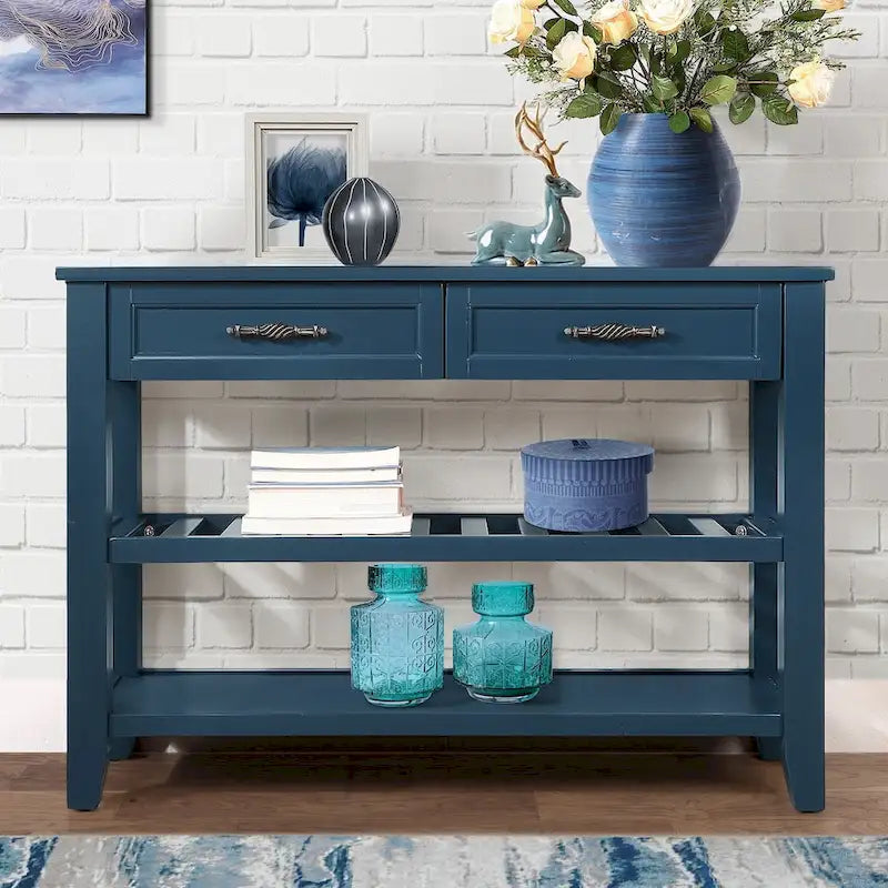 Console/table basse avec 2 tiroirs de rangement et 2 étagères, style milieu du siècle, buffet en bois massif de 42 pouces.-7