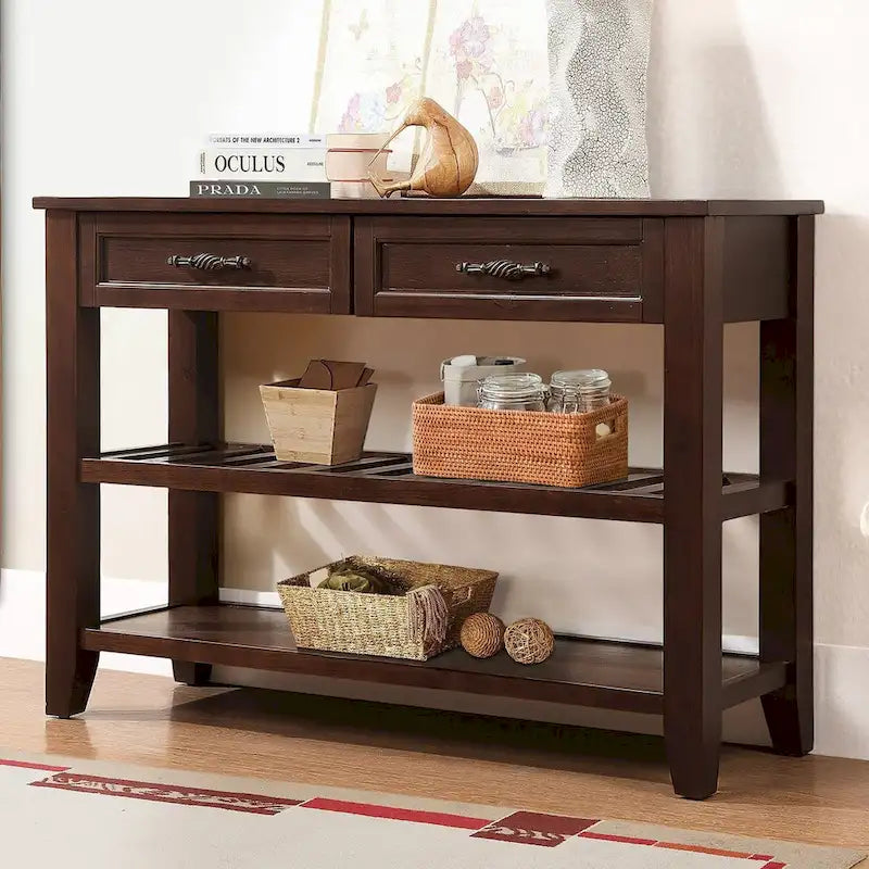 Console/table basse avec 2 tiroirs de rangement et 2 étagères, style milieu du siècle, buffet en bois massif de 42 pouces.-10