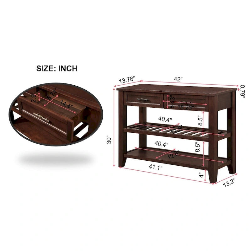 Console/table basse avec 2 tiroirs de rangement et 2 étagères, style milieu du siècle, buffet en bois massif de 42 pouces.-12