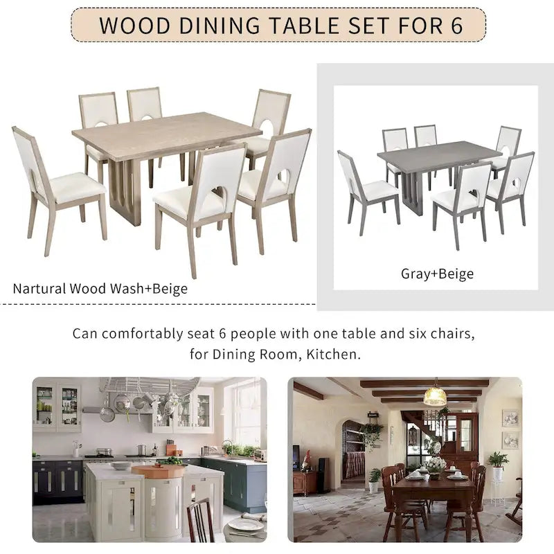 Ensemble table et chaises de salle à manger pour 6 personnes, style campagnard, rectangulaire, avec 6 chaises rembourrées, idéal pour la salle à manger.-5